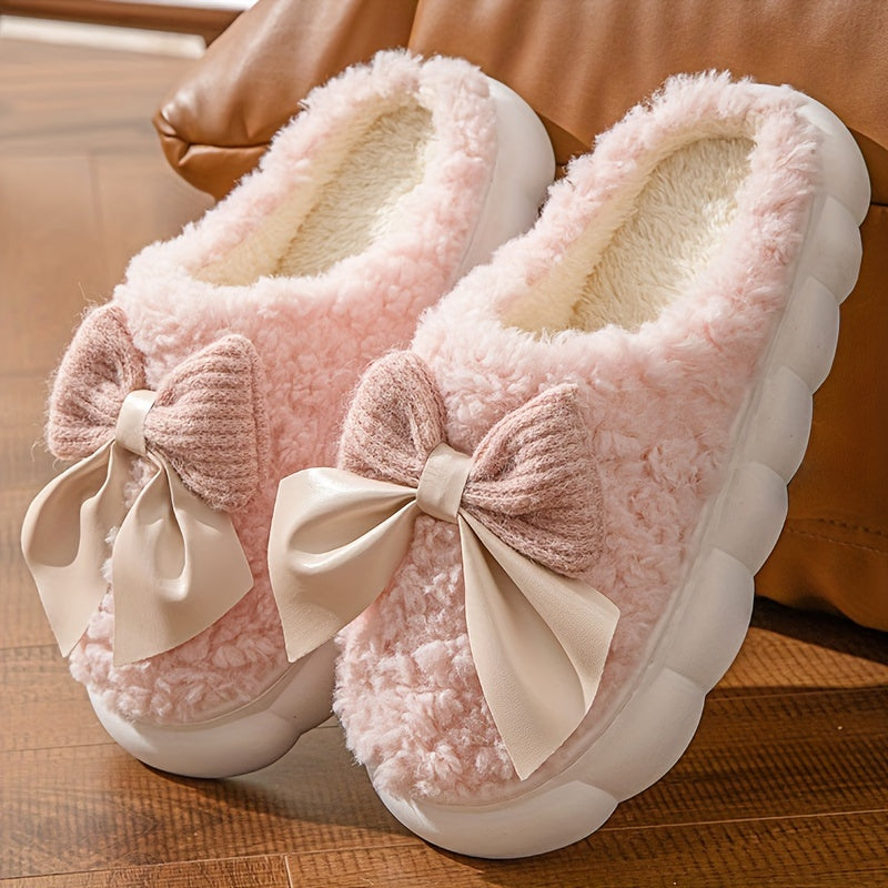 1 Pair Women's Winter Warm Plush Slippers, Casual Solid Color Bowknot Indoor House Shoes, Thick Sole Non-Slip Warm Footwear, Essential Autumn/Winter Home Slides with Superfine Fiber Insole and TPU Sole